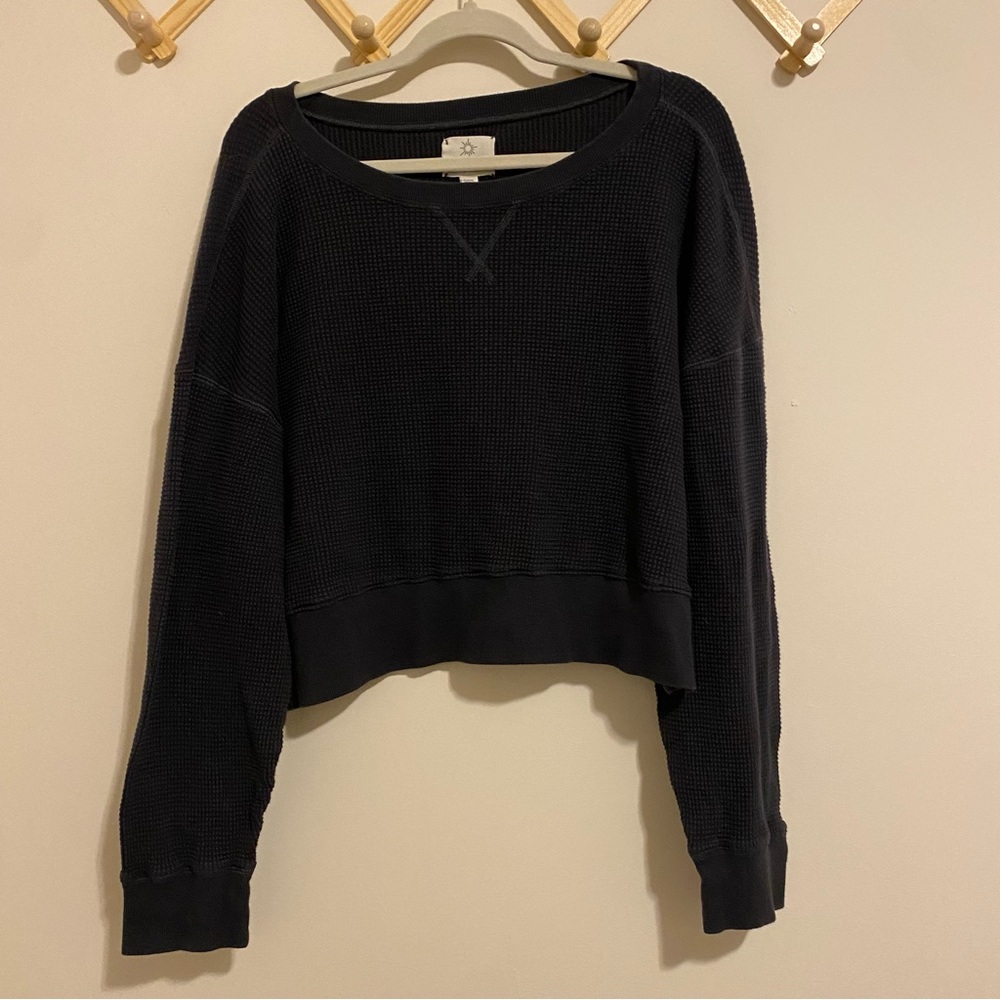 aerie Black Waffle Knit Cropped Crew Sweatshirt